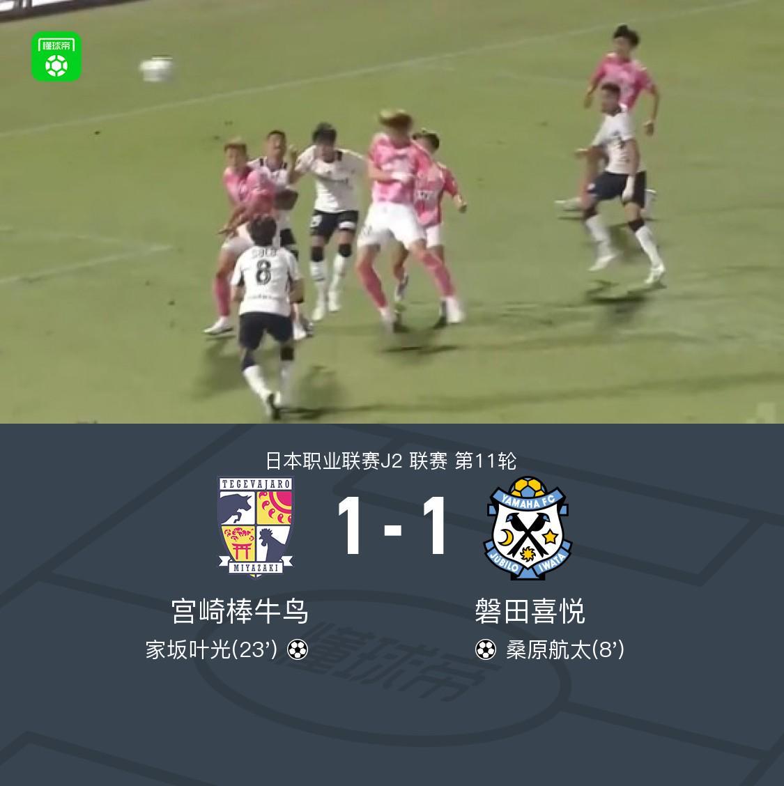 宫崎棒牛鸟1-1磐田喜悦，桑原航太破门，家坂叶光扳平比分